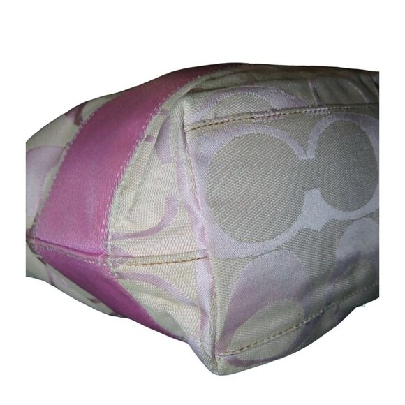 Coach Signature C Cream & Pink Stripe Canvas & Leather Tote Bag - Picture 10 of 13